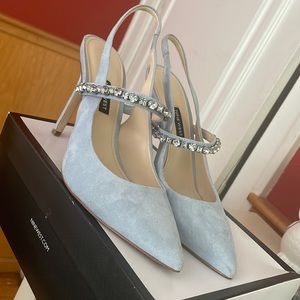 Nine west blue suede heels with rhinestones